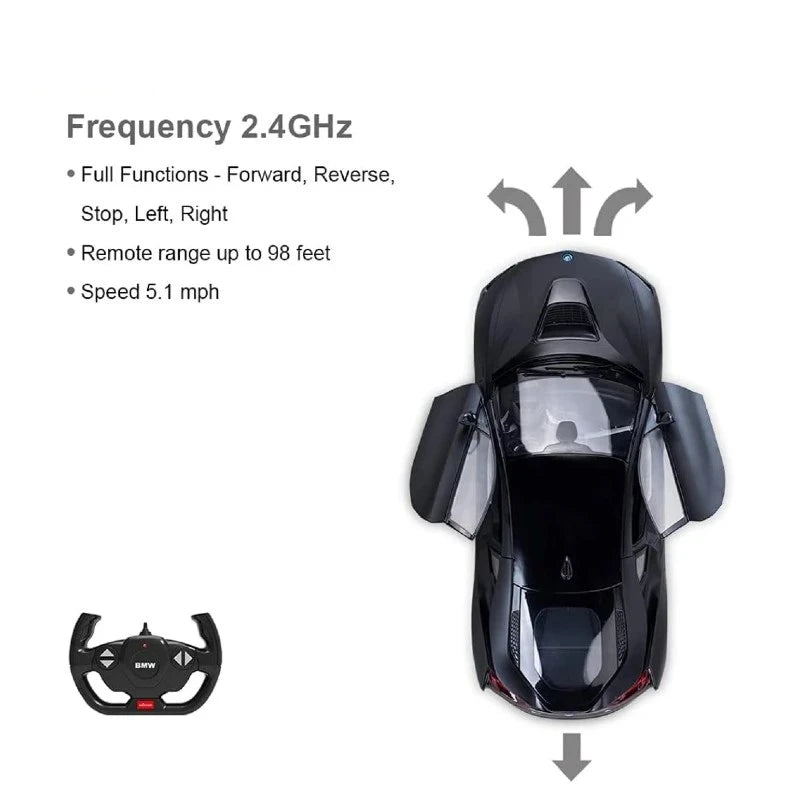 Rastar 1:14 RC BMW i8 Uzaktan Kumandalı Araba | 2.4 Ghz USB Şarj Siyah 30 Cm Lisanslı Model Işıklı Otomatik Açılır Kapı 6+ Yaş ve Üzeri Çocuklar İçin