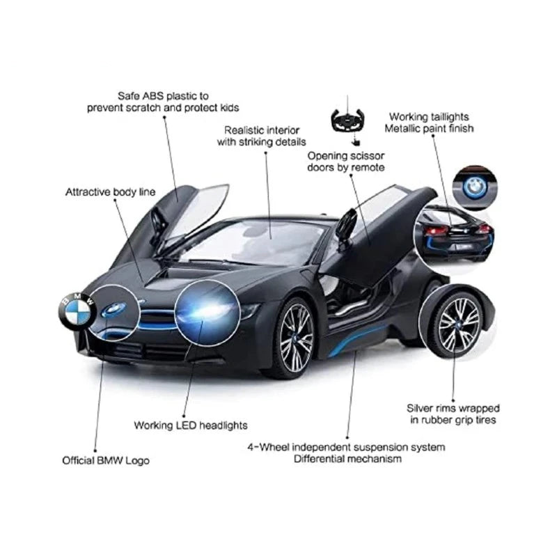 Rastar 1:14 RC BMW i8 Uzaktan Kumandalı Araba | 2.4 Ghz USB Şarj Siyah 30 Cm Lisanslı Model Işıklı Otomatik Açılır Kapı 6+ Yaş ve Üzeri Çocuklar İçin