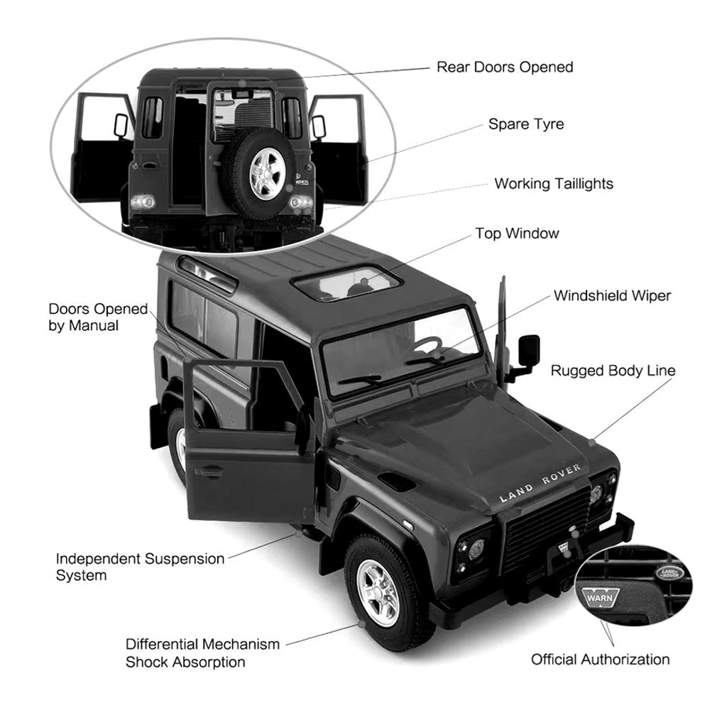 Rastar 1:14 RC Land Rover Defender Uzaktan Kumandalı Araba | 2.4 Ghz 29 Cm Işıklı Siyah Elle Açılan Kapılar 6+ Yaş ve Üzeri Çocuklar İçin