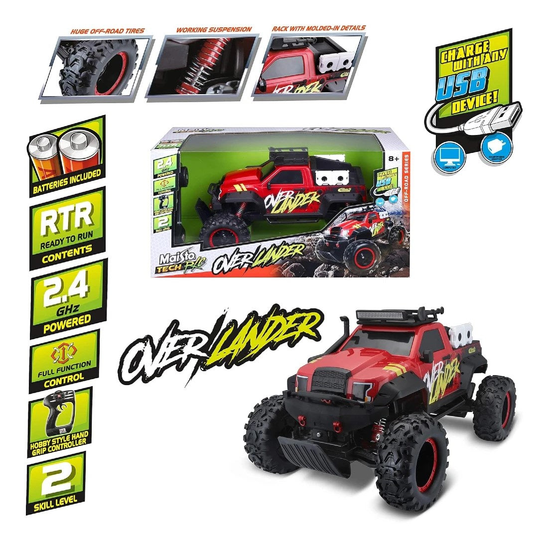 Maisto 1:14 RC Over Lander Uzaktan Kumandalı Araba | 2.4 Ghz USB Şarj 38 Cm Off-Road Tasarım Full Fonksiyon Yüksek Gövde 8+ Yaş ve Üzeri Çocuklar İçin