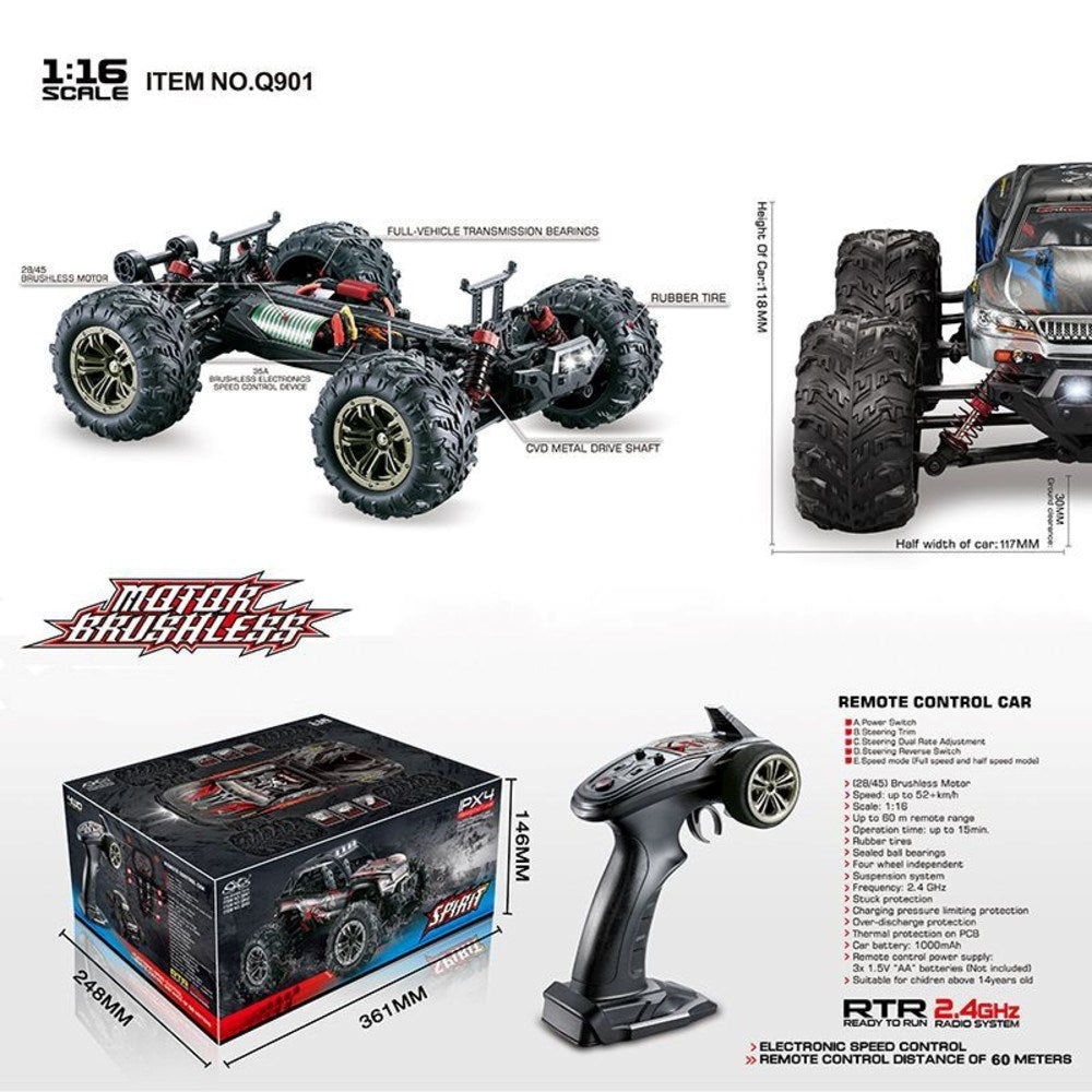 Xinlehong 1:16 RC Brushless 52 km/s 2.4Ghz 4WD USB Şarj Mavi Yüksek Hızlı Uzaktan Kumandalı Araba | Su Geçirmez Gövde 60 Metre Kumanda Mesafesi