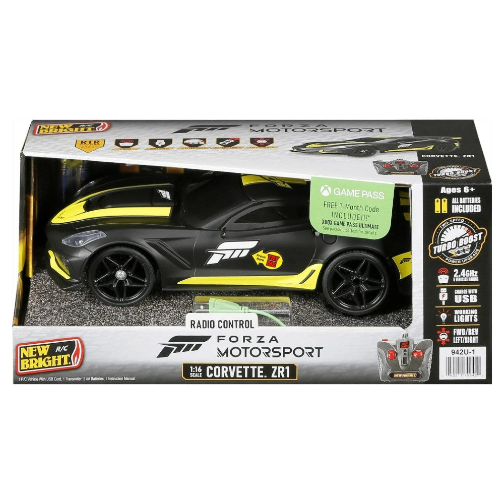 New Bright 1:16 Forza Motorsport Corvette ZR1 Siyah Uzaktan Kumandalı Araba 2.4 Ghz. Işıklı USB Şarj | 6 Yaş ve Üzeri Çocuklar İçin
