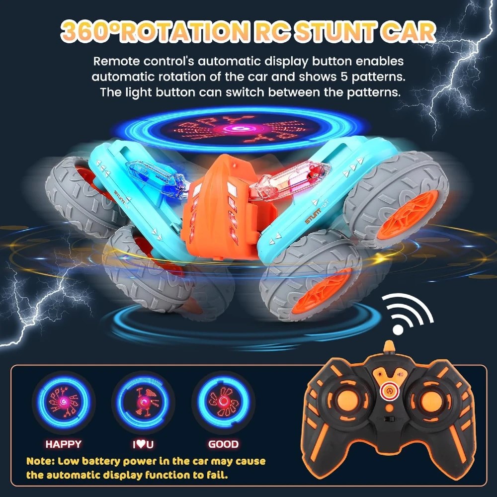 RC Fancy Stunts Uzaktan Kumandalı Akrobatik Araba 3D LED Işıklı ve Sesli USB Şarj 360° Takla Turuncu Mavi