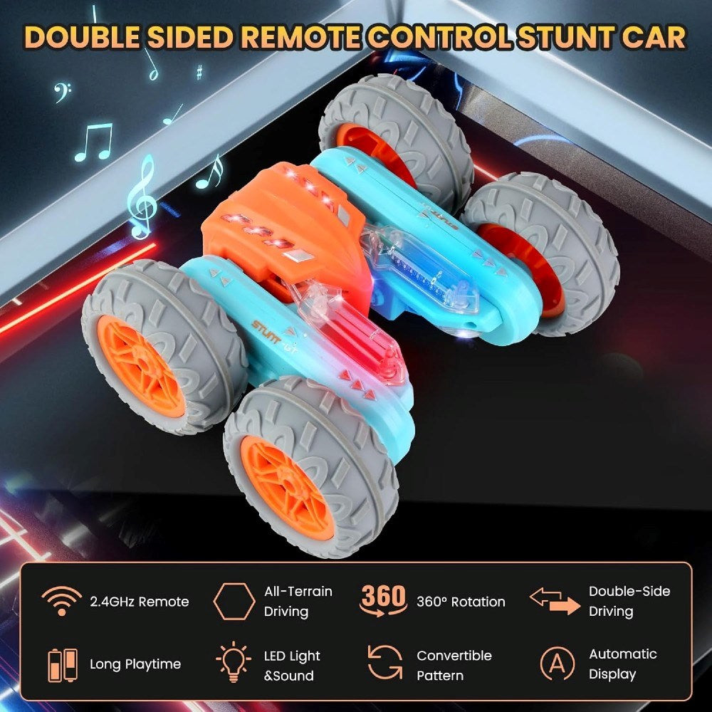 RC Fancy Stunts Uzaktan Kumandalı Akrobatik Araba 3D LED Işıklı ve Sesli USB Şarj 360° Takla Turuncu Mavi