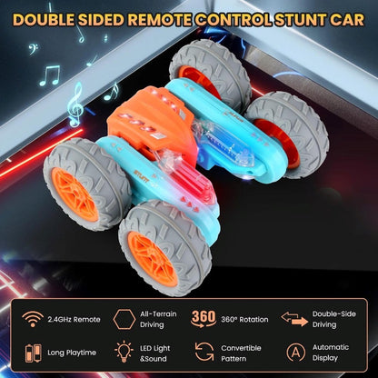 RC Fancy Stunts Uzaktan Kumandalı Akrobatik Araba 3D LED Işıklı ve Sesli USB Şarj 360° Takla Turuncu Mavi