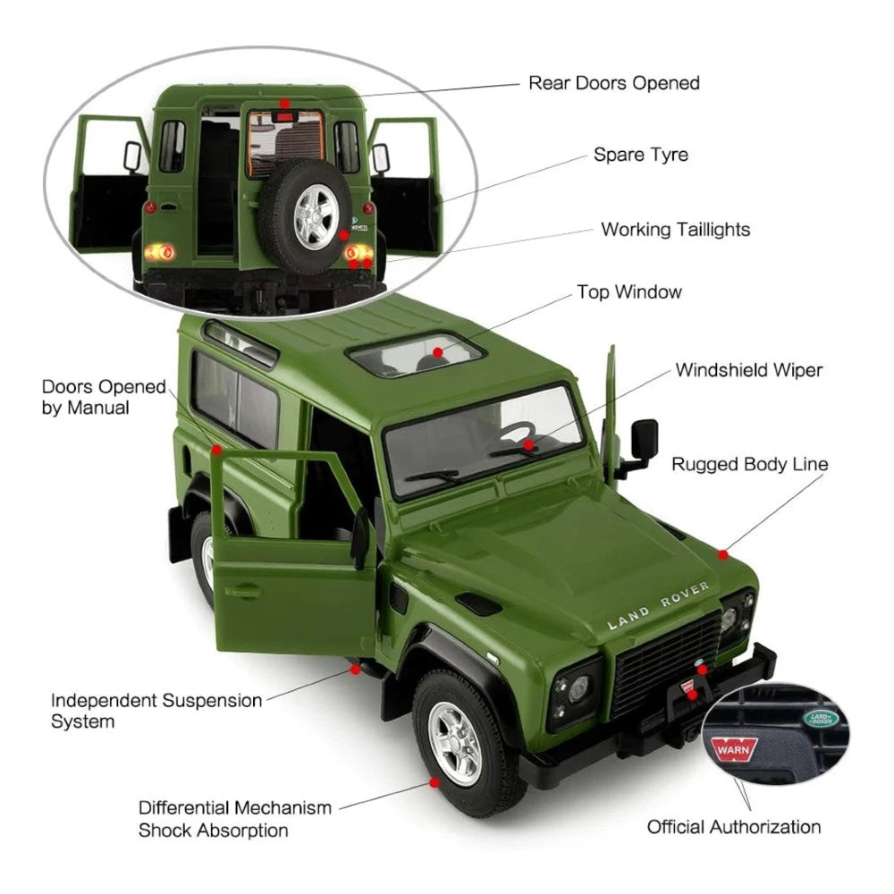Rastar 1:14 RC Land Rover Defender Uzaktan Kumandalı Araba | 2.4 Ghz 29 Cm Işıklı Yeşil Elle Açılan Kapılar 6+ Yaş ve Üzeri Çocuklar İçin