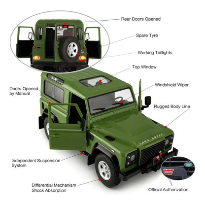 Rastar 1:14 RC Land Rover Defender Uzaktan Kumandalı Araba | 2.4 Ghz 29 Cm Işıklı Yeşil Elle Açılan Kapılar 6+ Yaş ve Üzeri Çocuklar İçin