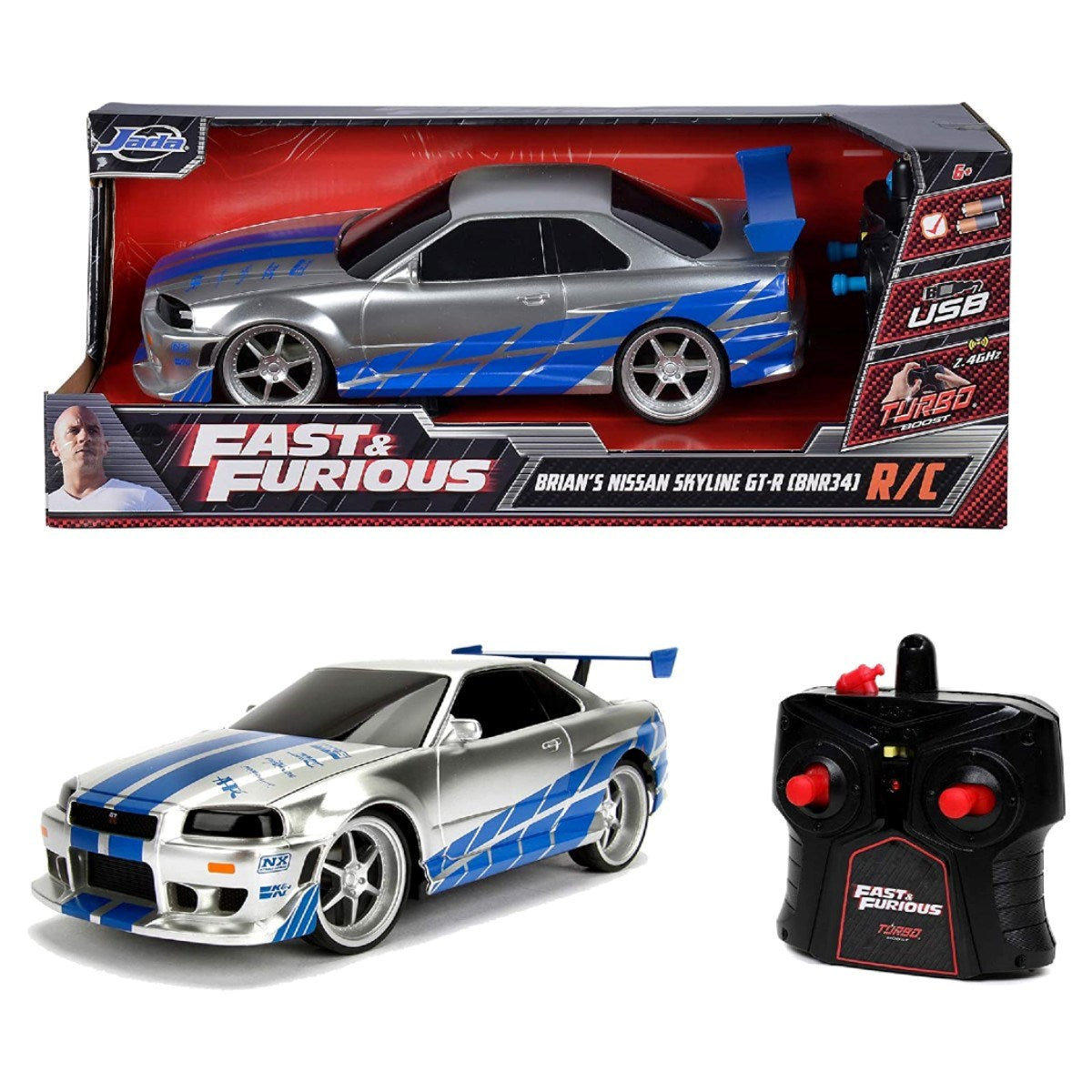 Jada 1:16 Fast & Furious Brian's 2002 Nissan Skyline GT-R (BNR34) Uzaktan Kumandalı Araba 2.4 Ghz USB Şarj 29 cm | 6 Yaş ve Üzeri Çocuklar İçin